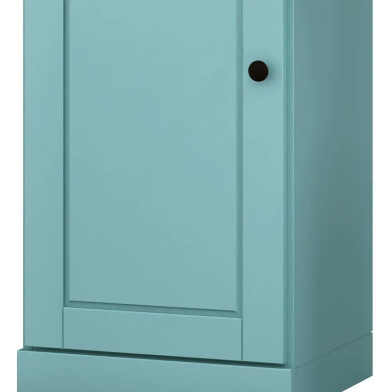 Light blue wooden cabinet with a single door and black knob, featuring a minimalist design for modern interiors.