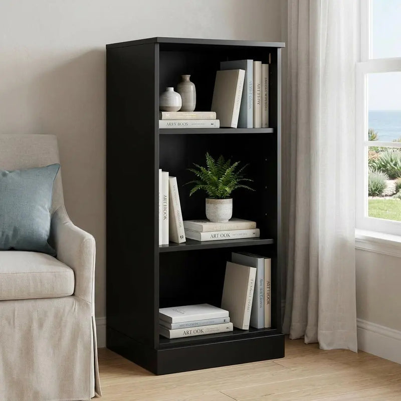 36" Black Solid Wood Adjustable Three Tier Library Bookcase Homeroots Office