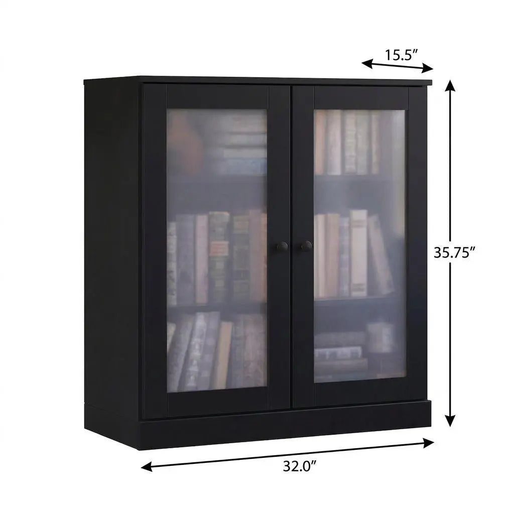36" Black Solid Wood Adjustable Three Tier Library Bookcase with Two Doors Homeroots Office