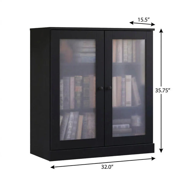36" Black Solid Wood Adjustable Three Tier Library Bookcase with Two Doors Homeroots Office