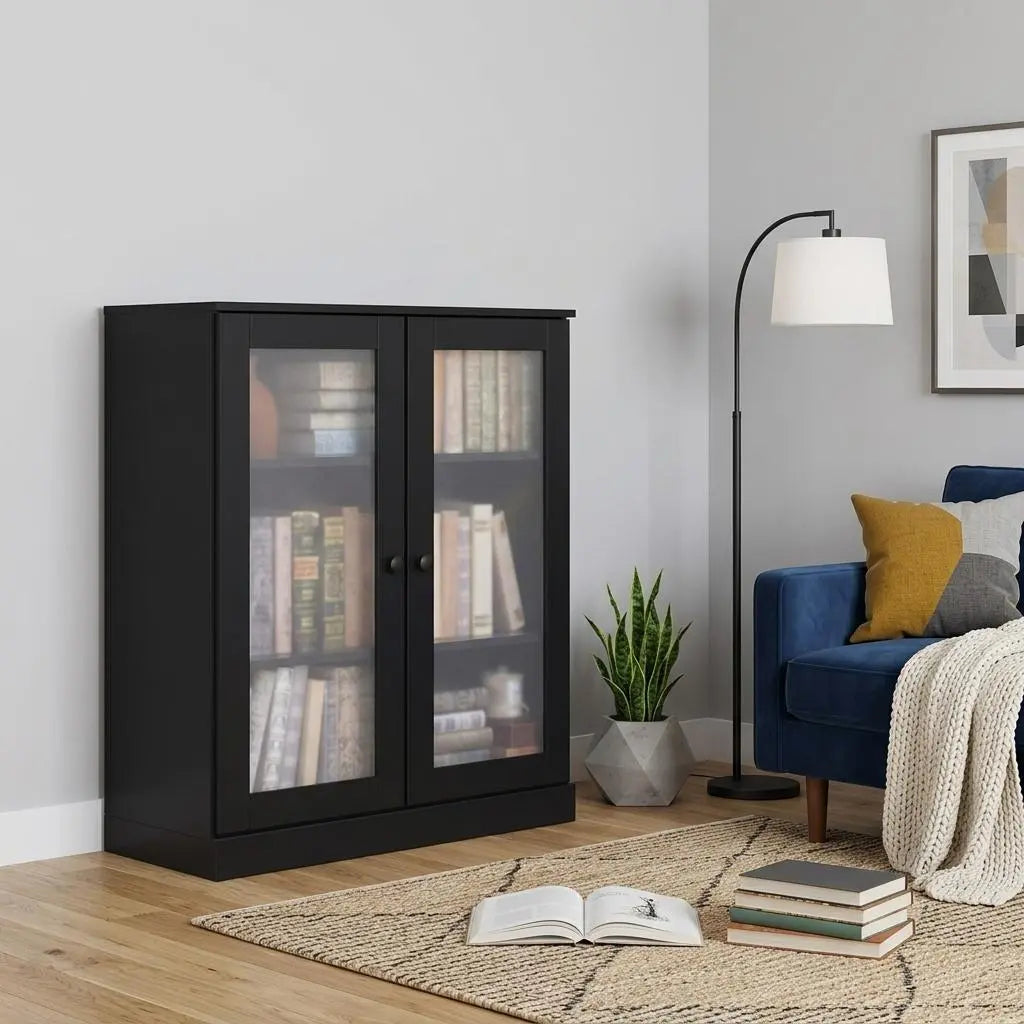 36" Black Solid Wood Adjustable Three Tier Library Bookcase with Two Doors Homeroots Office
