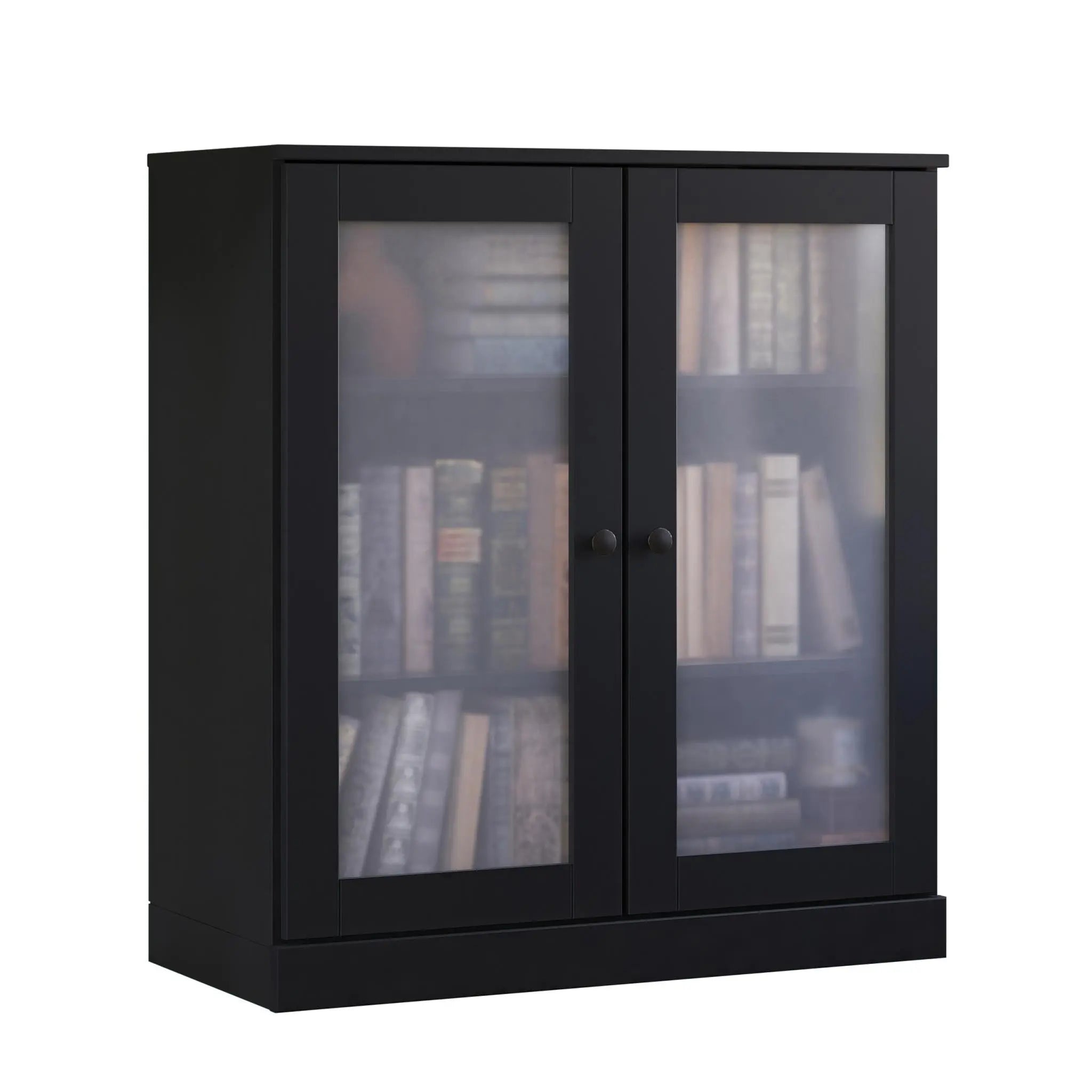 36" Black Solid Wood Adjustable Three Tier Library Bookcase with Two Doors Homeroots Office