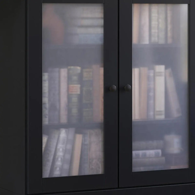 36" Black Solid Wood Adjustable Three Tier Library Bookcase with Two Doors Homeroots Office