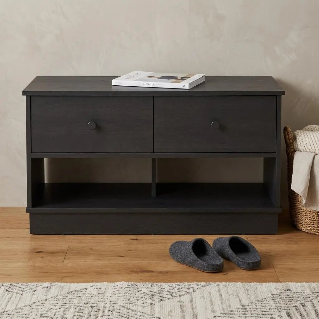 36" Black Wood Storage Bench With Drawers And Shelves Homeroots Living Room