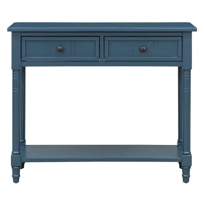 36" Blue Solid Wood Console Table With Shelf And Two Drawers Homeroots Living Room