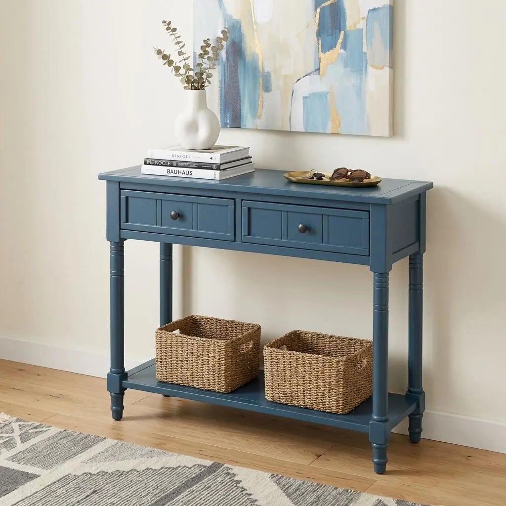36" Blue Solid Wood Console Table With Shelf And Two Drawers Homeroots Living Room