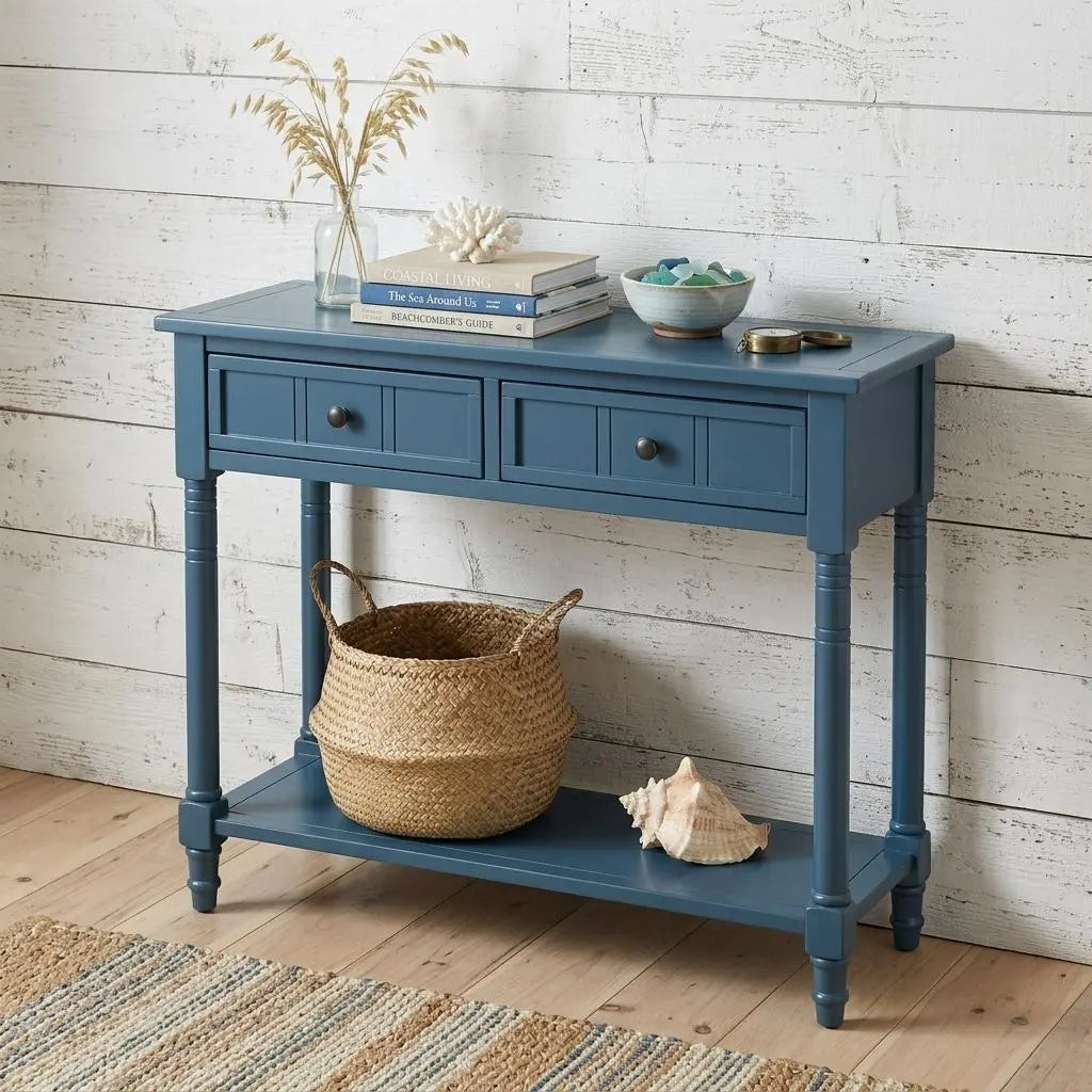 36" Blue Solid Wood Console Table With Shelf And Two Drawers Homeroots Living Room