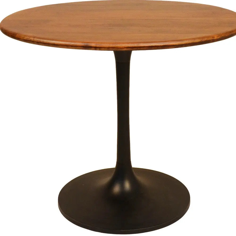 36" Brown And Black Rounded Solid Wood And Iron Pedestal Base Dining Table Homeroots Kitchen & Dining