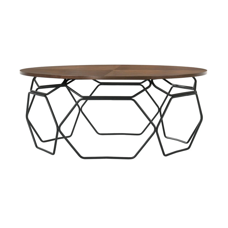 36" Brown And Black Solid Wood And Metal Round Coffee Table Homeroots Living Room