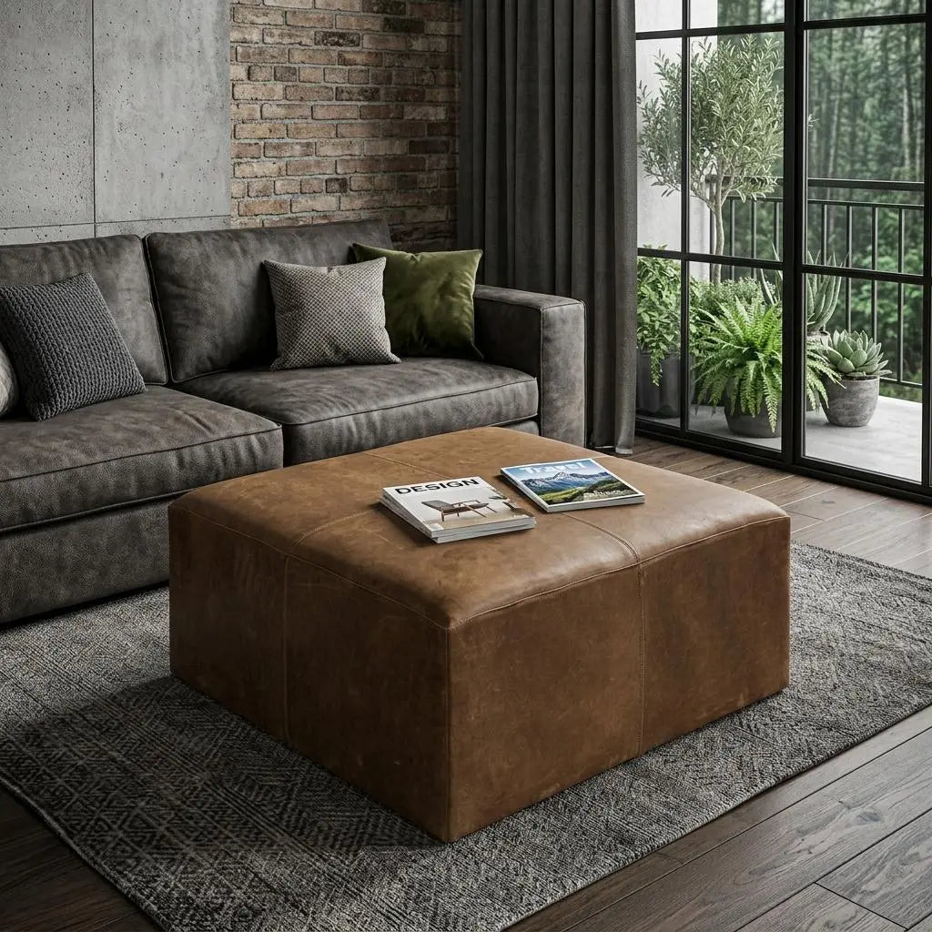 36" Brown Genuine Leather Cube Ottoman Homeroots Living Room