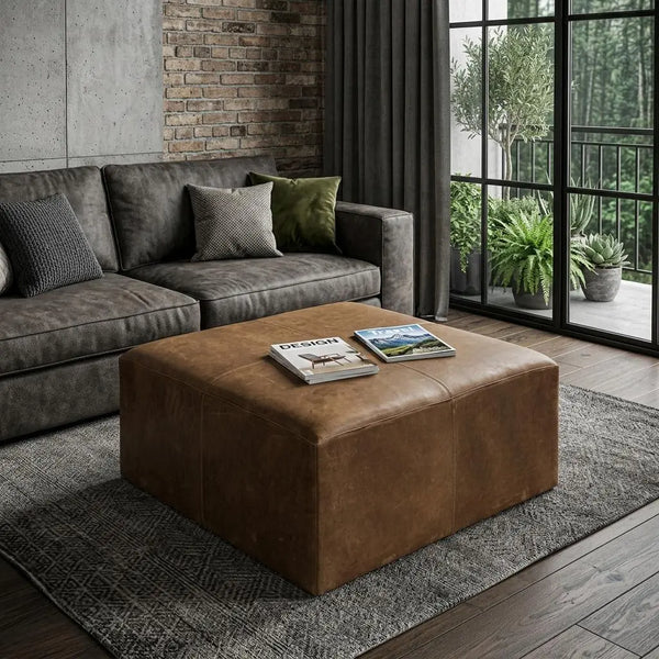 36" Brown Genuine Leather Cube Ottoman Homeroots Living Room