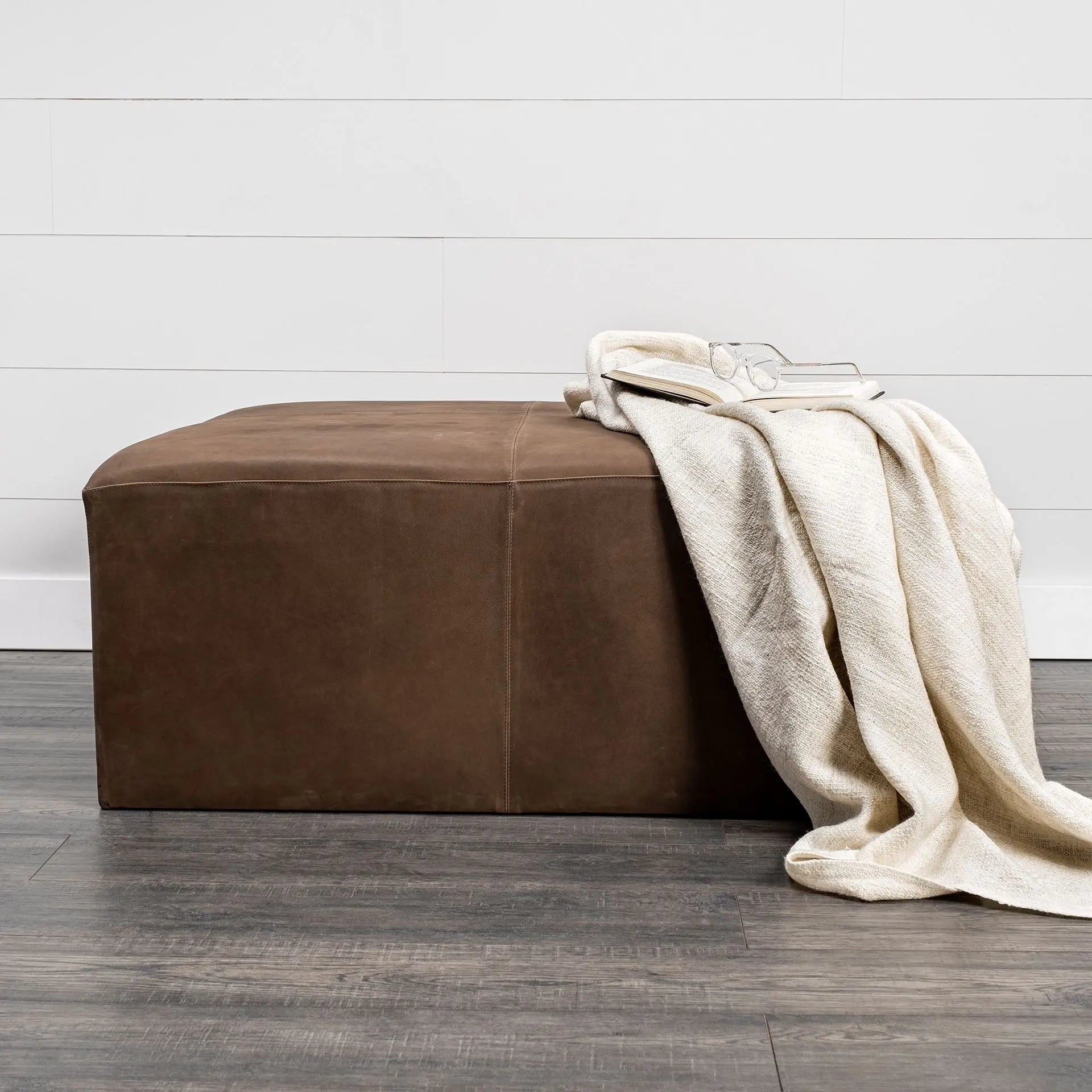 36" Brown Genuine Leather Cube Ottoman Homeroots Living Room
