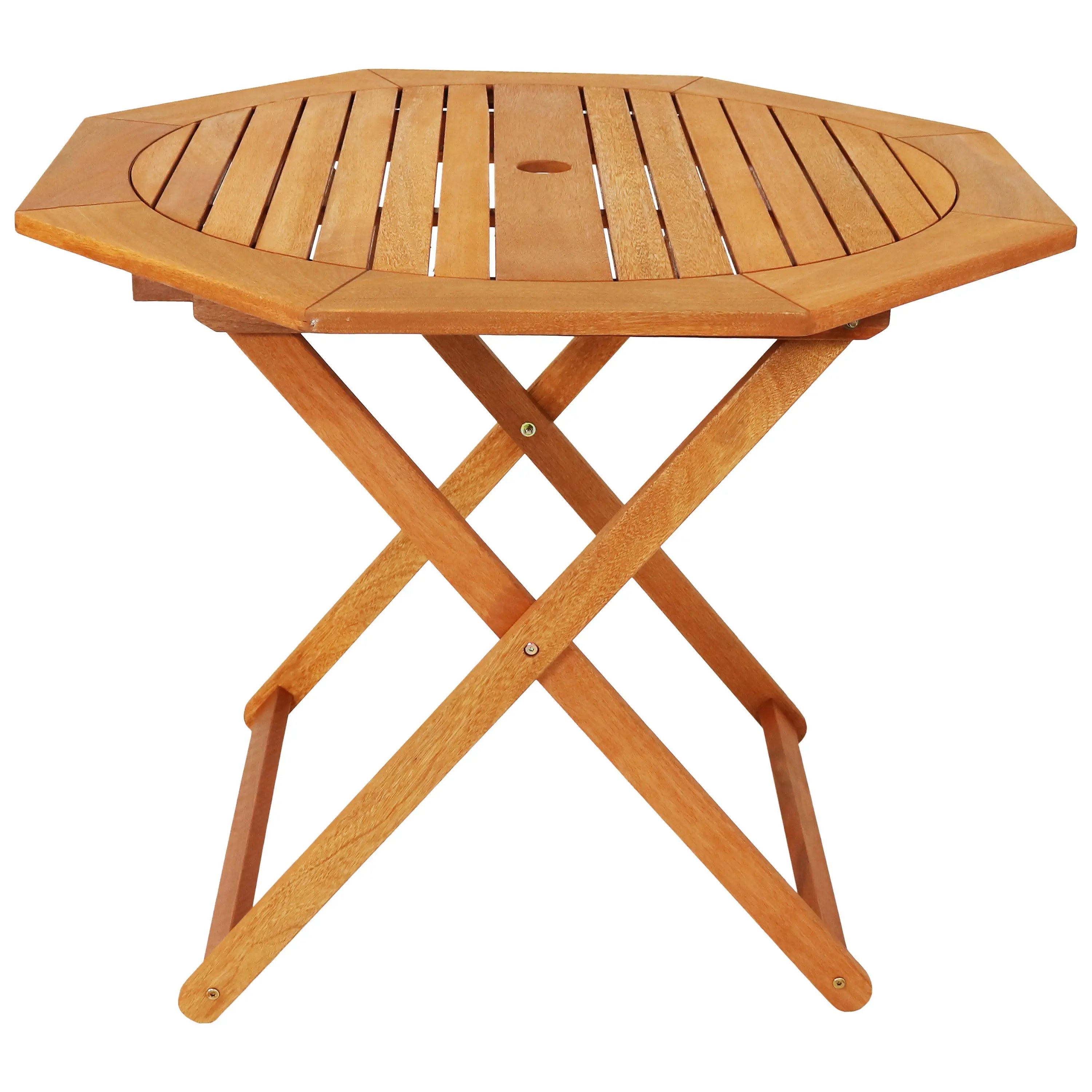 36" Brown Octagonal Solid Wood Folding Outdoor Dining Table with Umbrella Hole Homeroots Outdoor