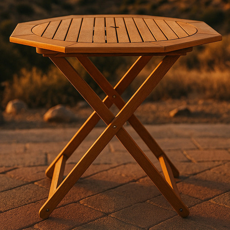 36" Brown Octagonal Solid Wood Folding Outdoor Dining Table with Umbrella Hole Homeroots Outdoor