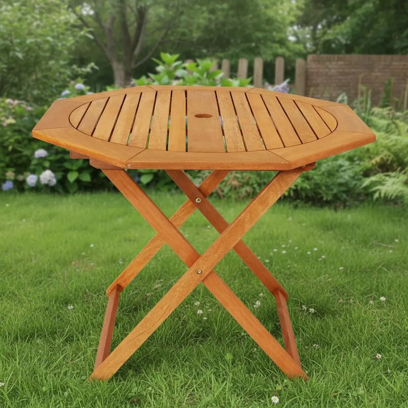 36" Brown Octagonal Solid Wood Folding Outdoor Dining Table with Umbrella Hole Homeroots Outdoor
