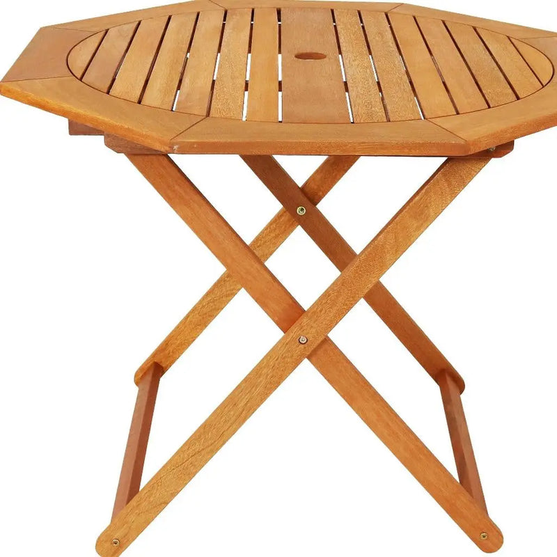 36" Brown Octagonal Solid Wood Folding Outdoor Dining Table with Umbrella Hole Homeroots Outdoor