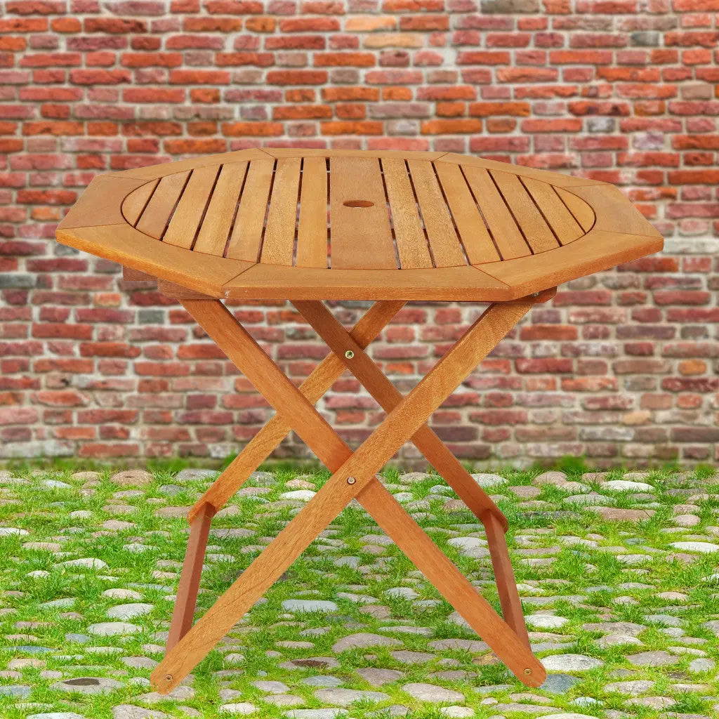 36" Brown Octagonal Solid Wood Folding Outdoor Dining Table with Umbrella Hole Homeroots Outdoor