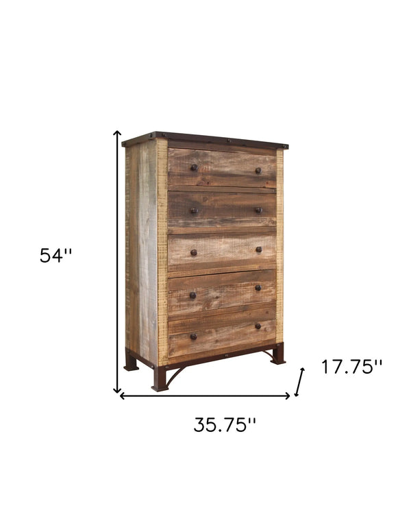 36" Brown Solid Wood Five Drawer Chest - GreatEagleInc