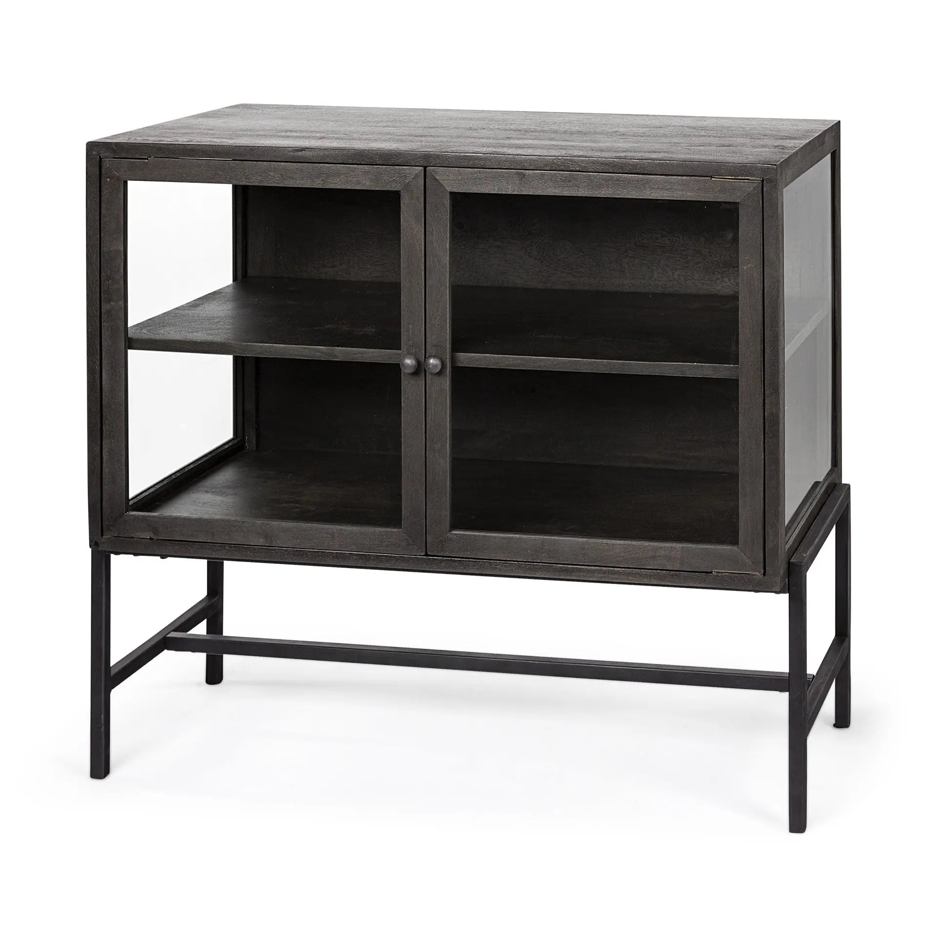 36" Brown and Black Solid Wood and Metal Display Cabinet With Two Doors Homeroots Kitchen & Dining