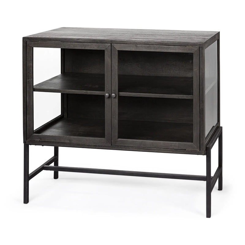 36" Brown and Black Solid Wood and Metal Display Cabinet With Two Doors Homeroots Kitchen & Dining