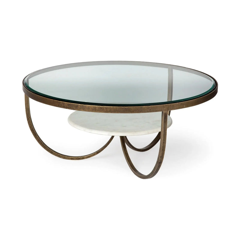 36" Brown and Gold Wood and Metal Round Coffee Table With Shelf Homeroots Living Room