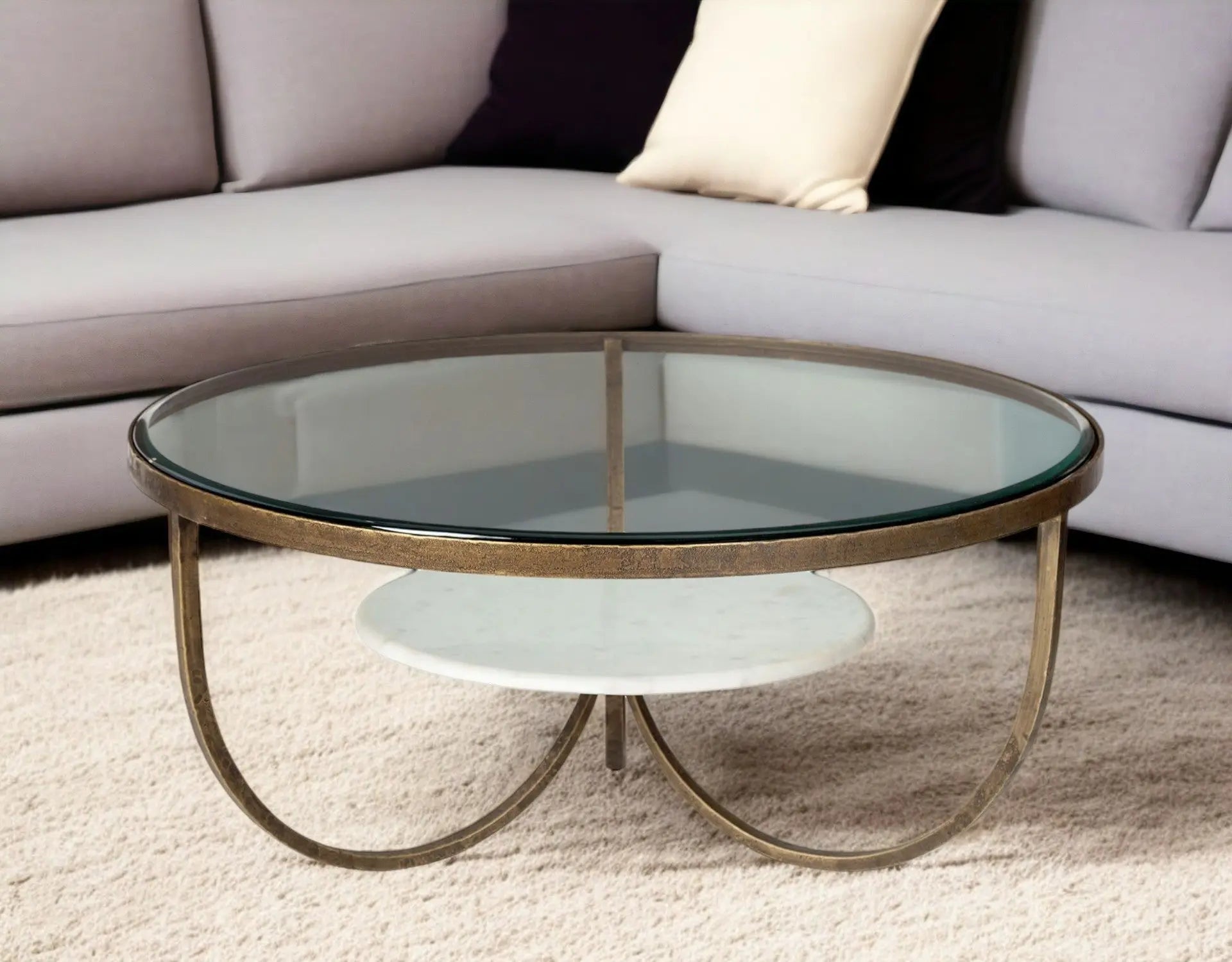 36" Brown and Gold Wood and Metal Round Coffee Table With Shelf Homeroots Living Room