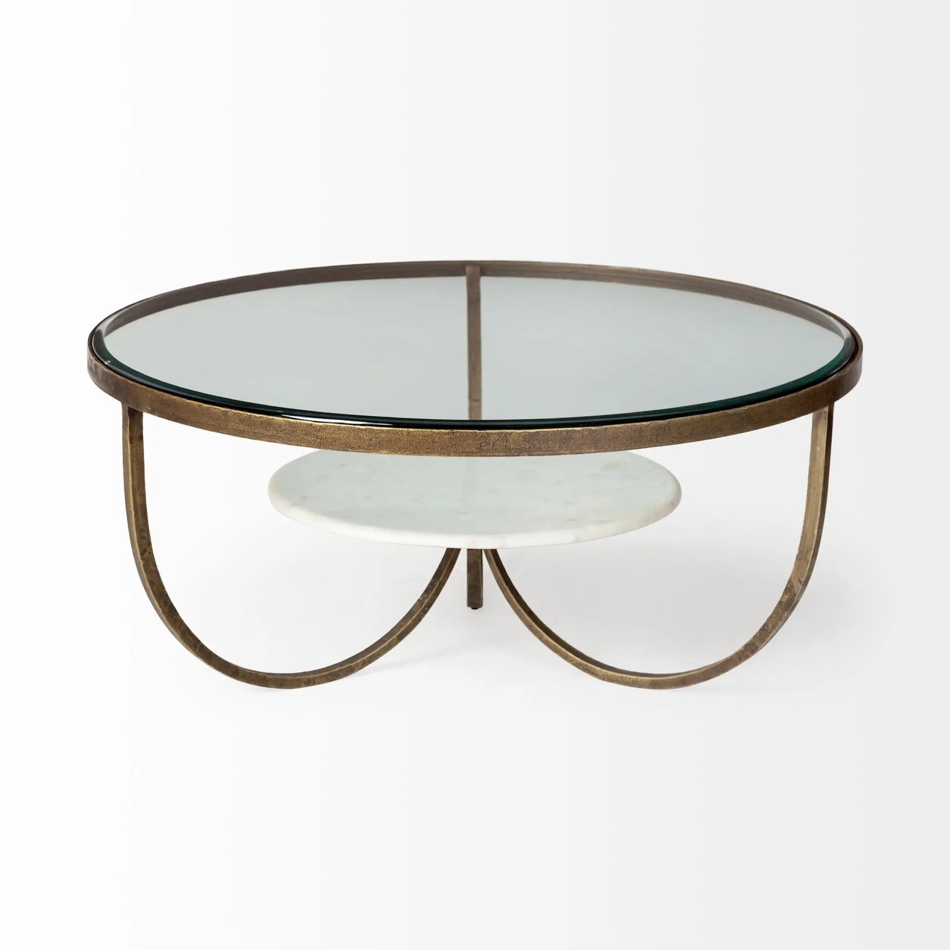 36" Brown and Gold Wood and Metal Round Coffee Table With Shelf Homeroots Living Room
