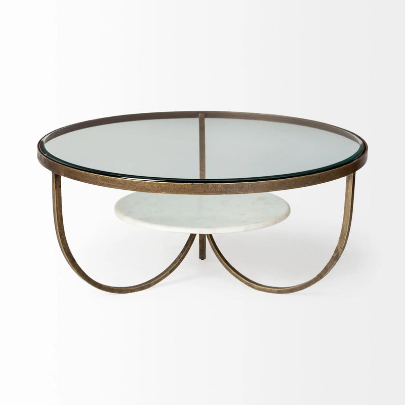 36" Brown and Gold Wood and Metal Round Coffee Table With Shelf Homeroots Living Room
