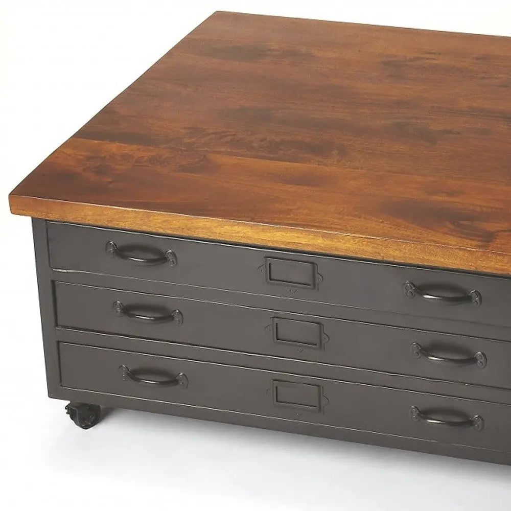 36" Brown and Gray Solid Wood and Metal Square Coffee Table With Three Drawers Homeroots Living Room