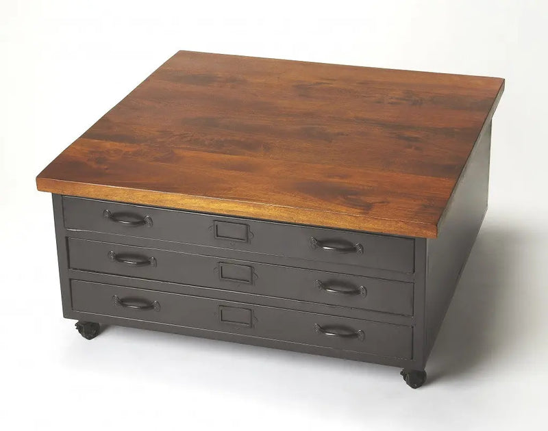 36" Brown and Gray Solid Wood and Metal Square Coffee Table With Three Drawers Homeroots Living Room