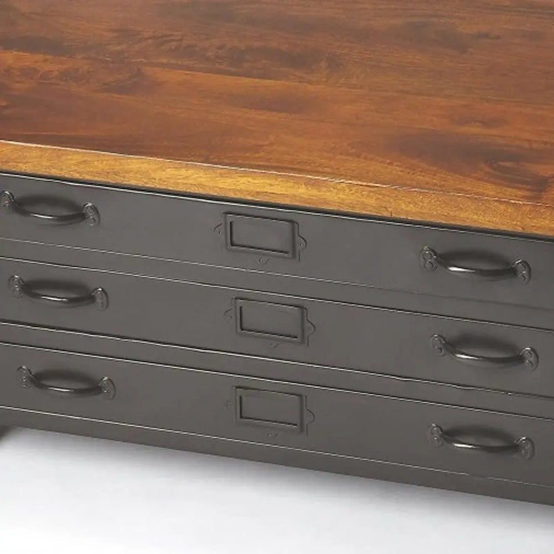36" Brown and Gray Solid Wood and Metal Square Coffee Table With Three Drawers Homeroots Living Room