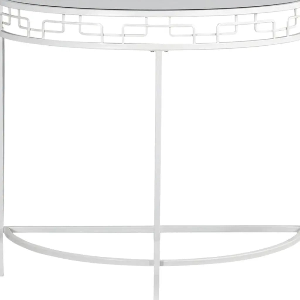 36" Clear and White Glass and Metal Half Moon Frame Console Table Homeroots Living Room