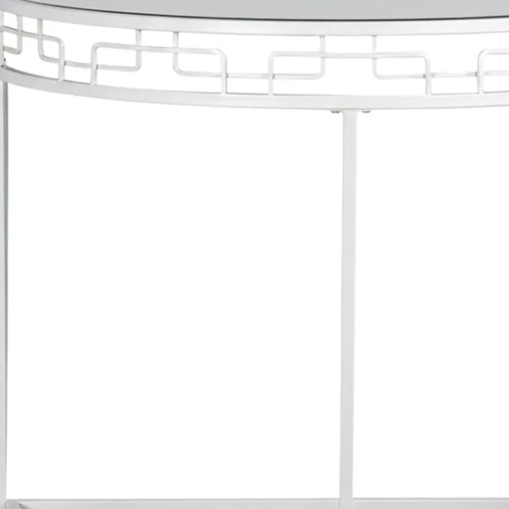 36" Clear and White Glass and Metal Half Moon Frame Console Table Homeroots Living Room