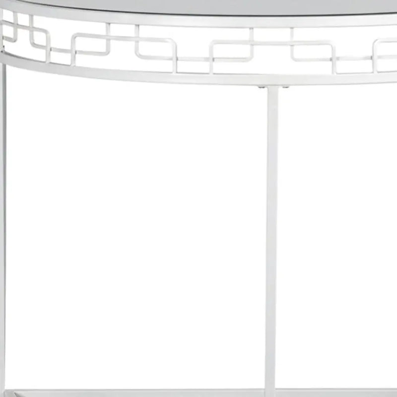 36" Clear and White Glass and Metal Half Moon Frame Console Table Homeroots Living Room