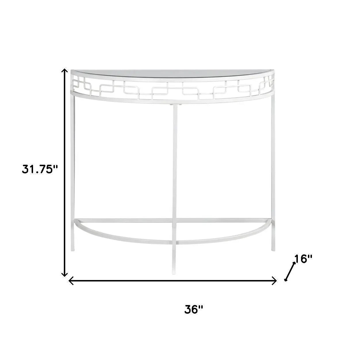 36" Clear and White Glass and Metal Half Moon Frame Console Table Homeroots Living Room
