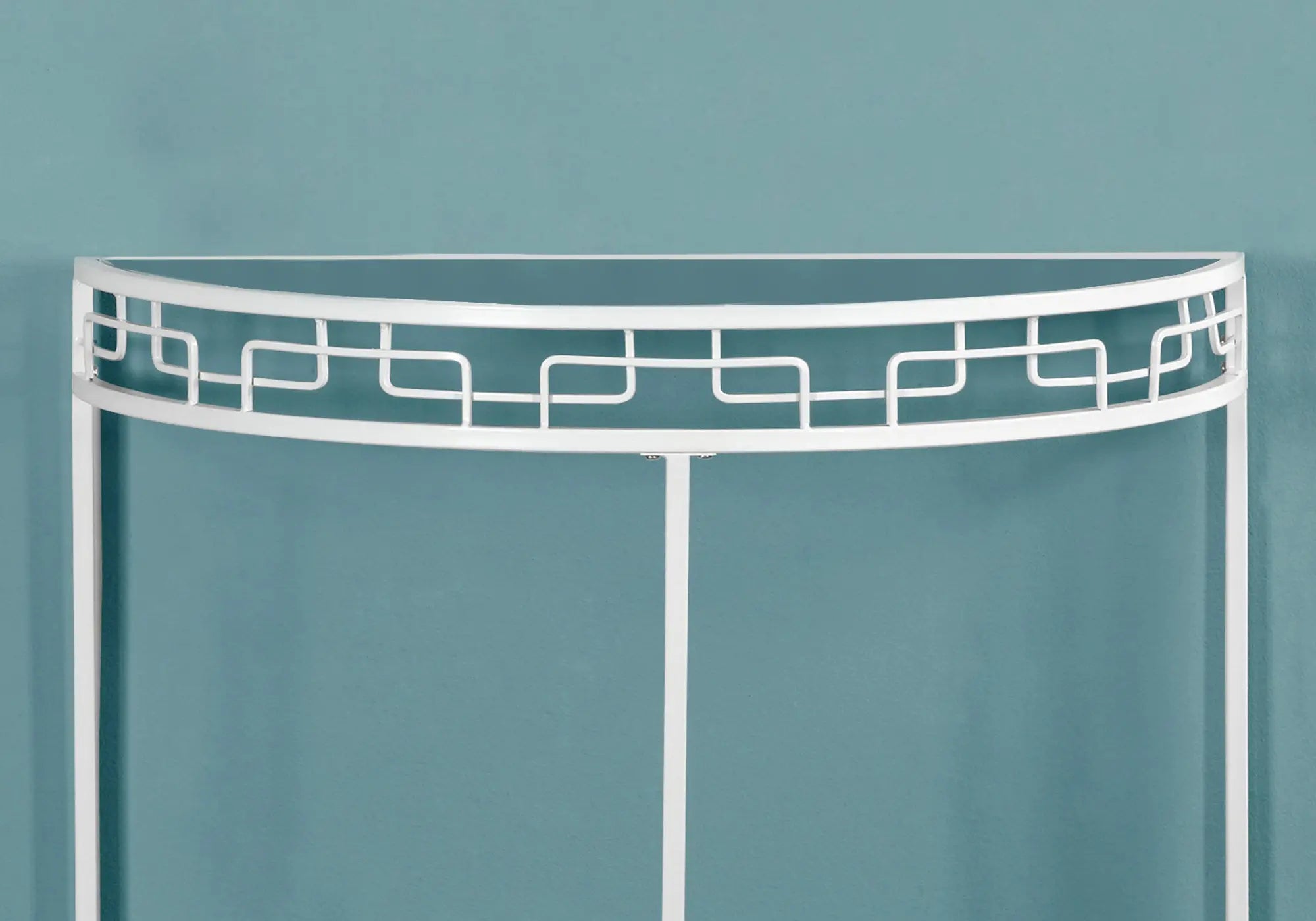 36" Clear and White Glass and Metal Half Moon Frame Console Table Homeroots Living Room