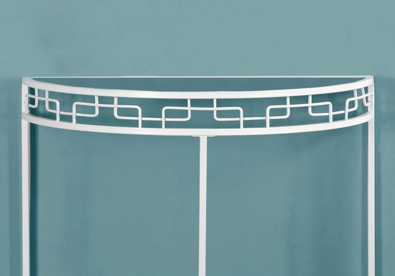 36" Clear and White Glass and Metal Half Moon Frame Console Table Homeroots Living Room