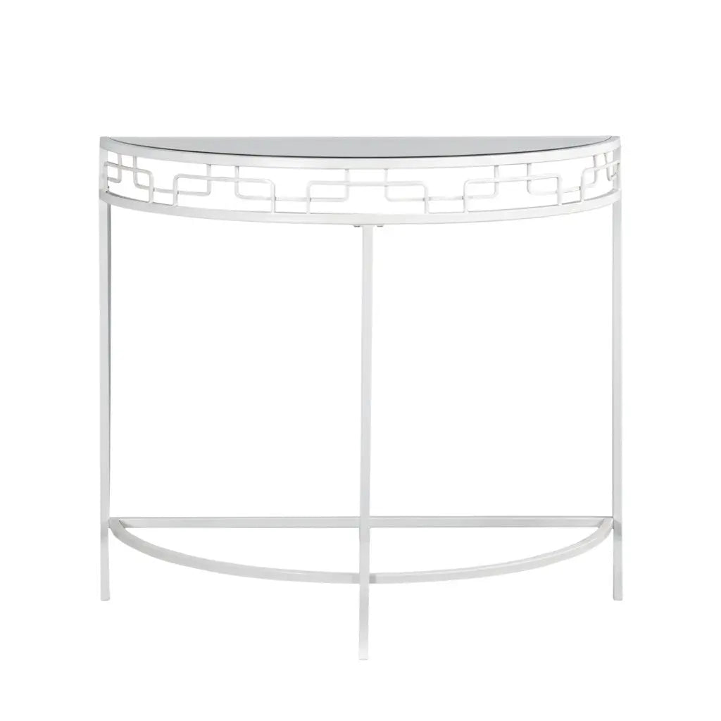 36" Clear and White Glass and Metal Half Moon Frame Console Table Homeroots Living Room