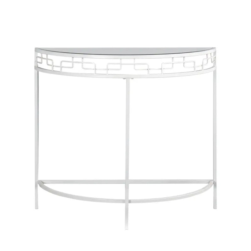 36" Clear and White Glass and Metal Half Moon Frame Console Table Homeroots Living Room