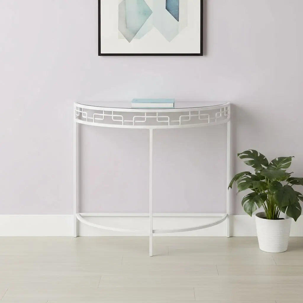 36" Clear and White Glass and Metal Half Moon Frame Console Table Homeroots Living Room