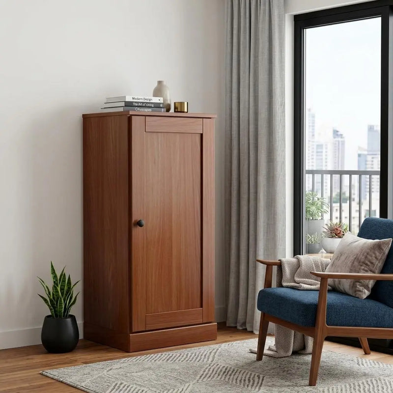 36" Coffee Solid Wood Adjustable Three Tier Library Bookcase with One Door Homeroots Office