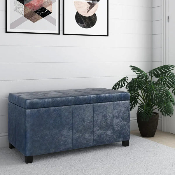 36" Denim Blue and Dark Brown Faux Leather and Solid Wood Upholstered Storage Bench With Flip Top Homeroots Living Room