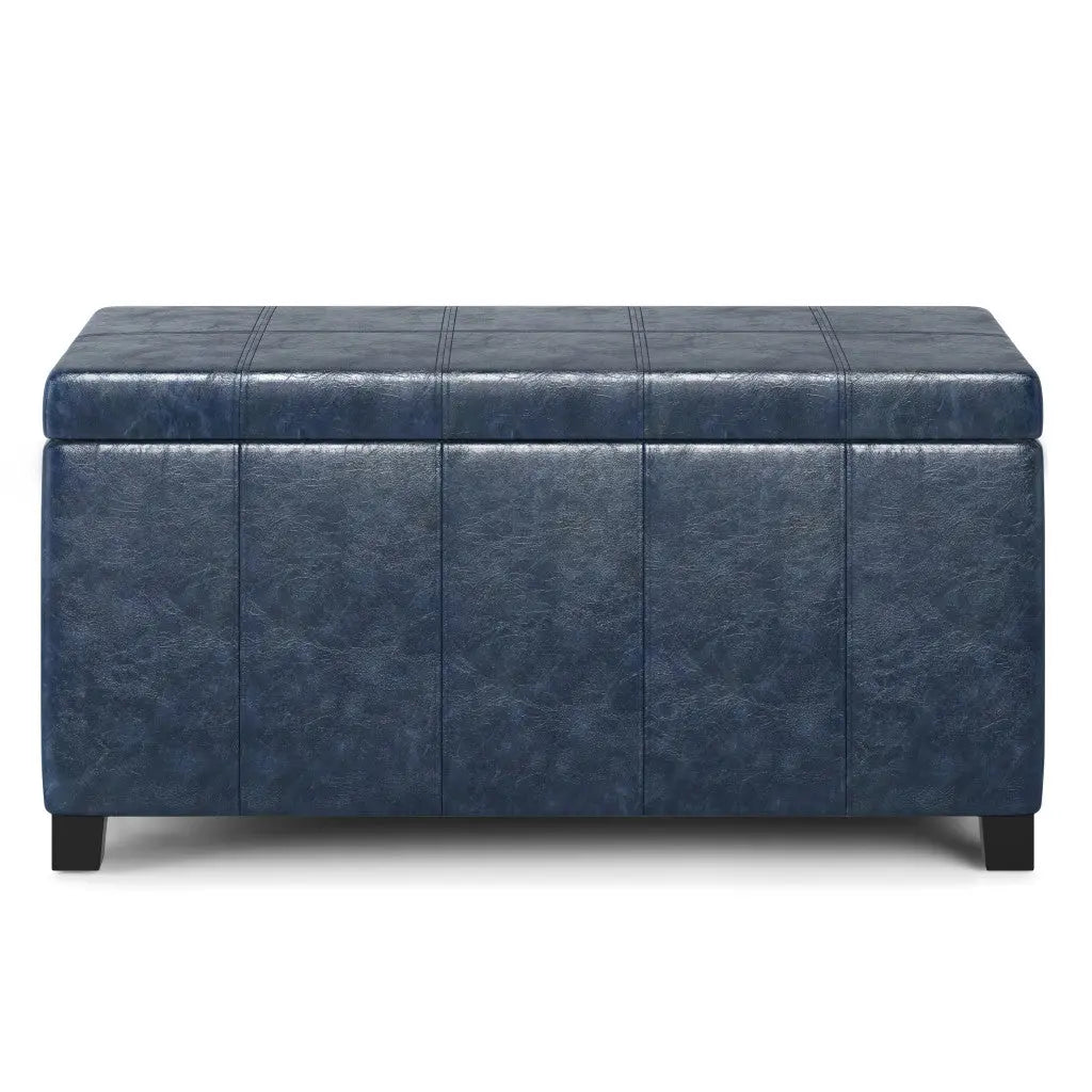 36" Denim Blue and Dark Brown Faux Leather and Solid Wood Upholstered Storage Bench With Flip Top Homeroots Living Room