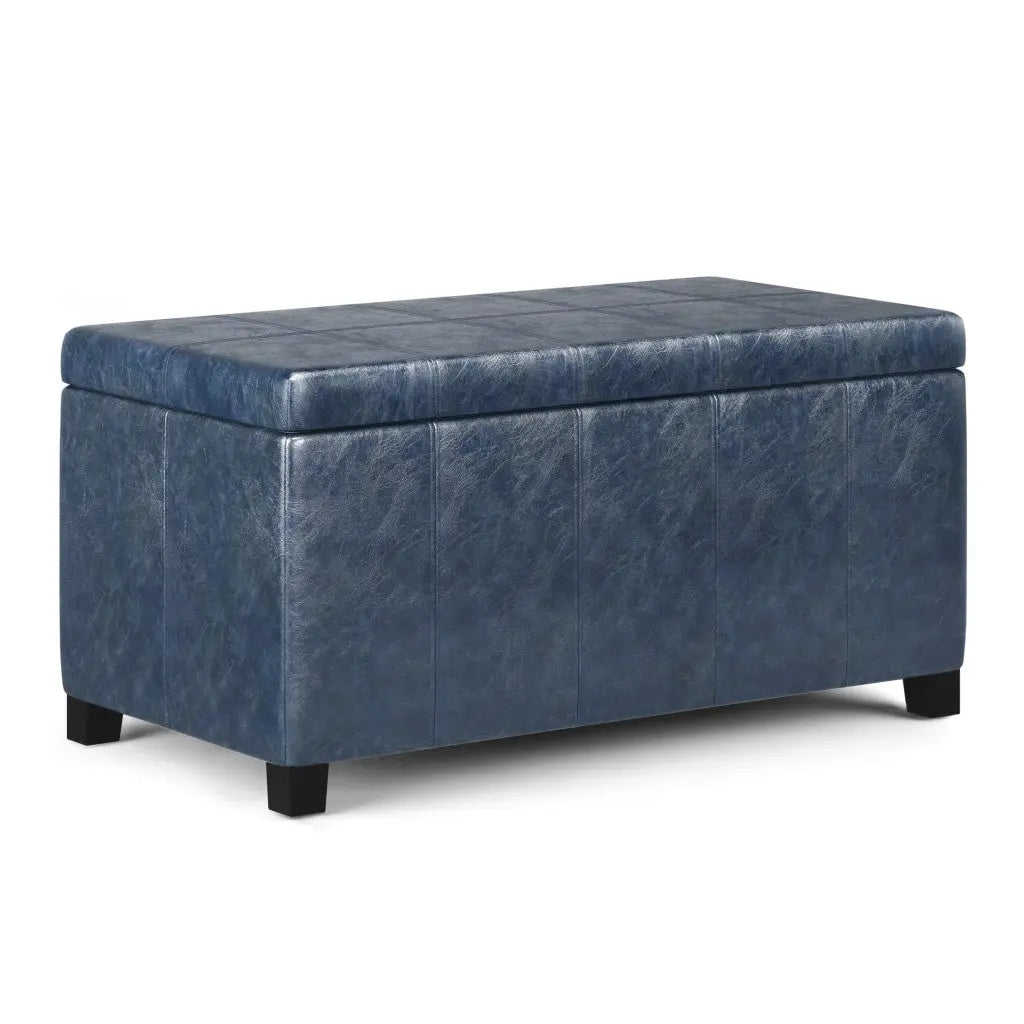 36" Denim Blue and Dark Brown Faux Leather and Solid Wood Upholstered Storage Bench With Flip Top Homeroots Living Room