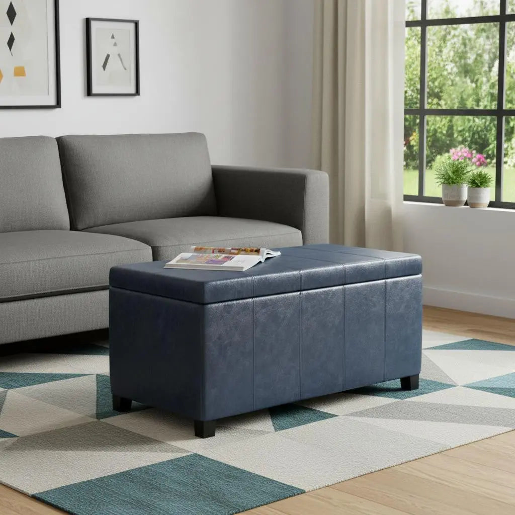 36" Denim Blue and Dark Brown Faux Leather and Solid Wood Upholstered Storage Bench With Flip Top Homeroots Living Room