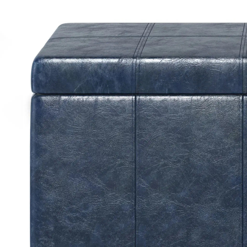 36" Denim Blue and Dark Brown Faux Leather and Solid Wood Upholstered Storage Bench With Flip Top Homeroots Living Room