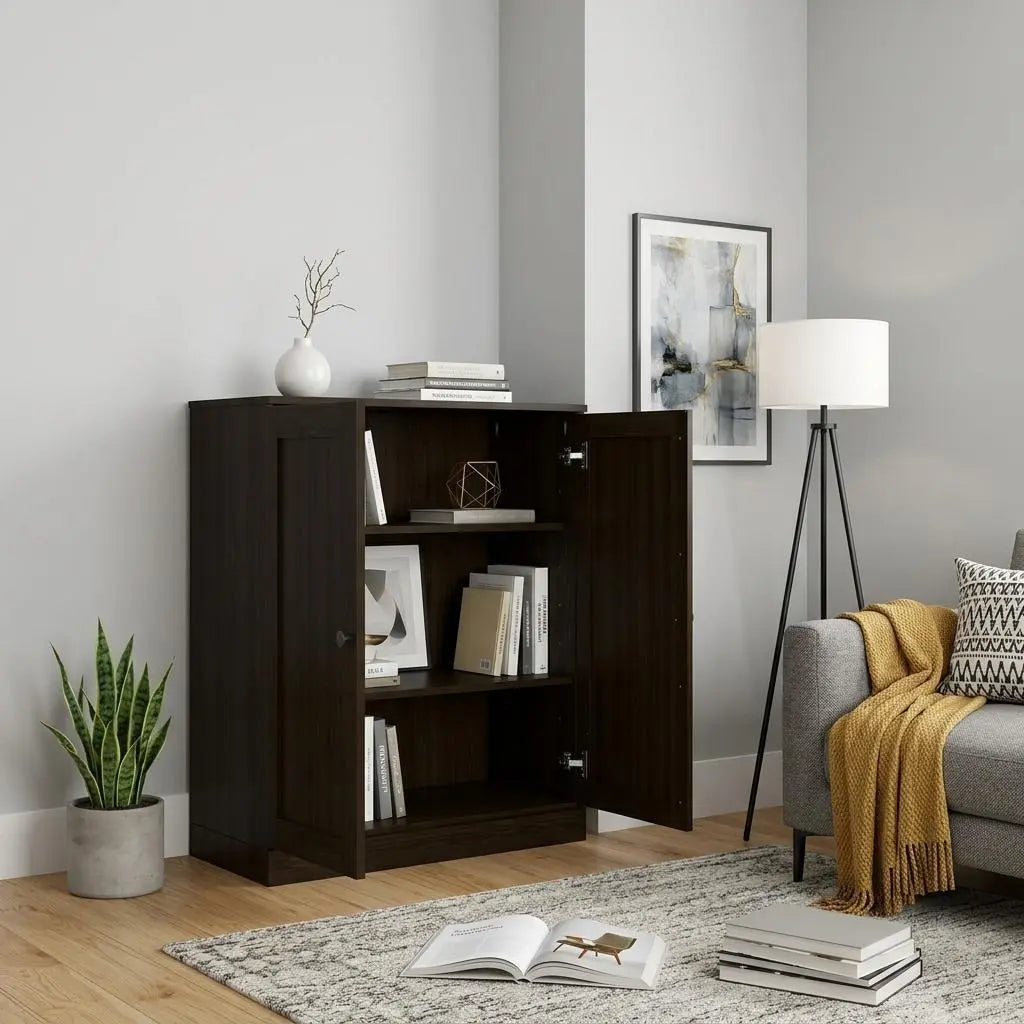 36" Espresso Solid Wood Adjustable Three Tier Library Bookcase with Two Doors Homeroots Office