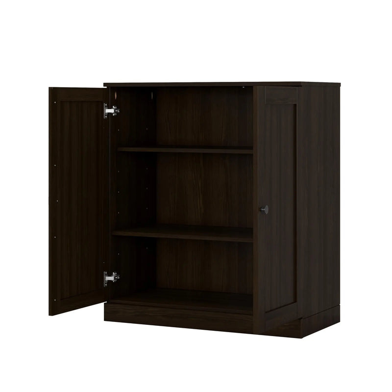 36" Espresso Solid Wood Adjustable Three Tier Library Bookcase with Two Doors Homeroots Office