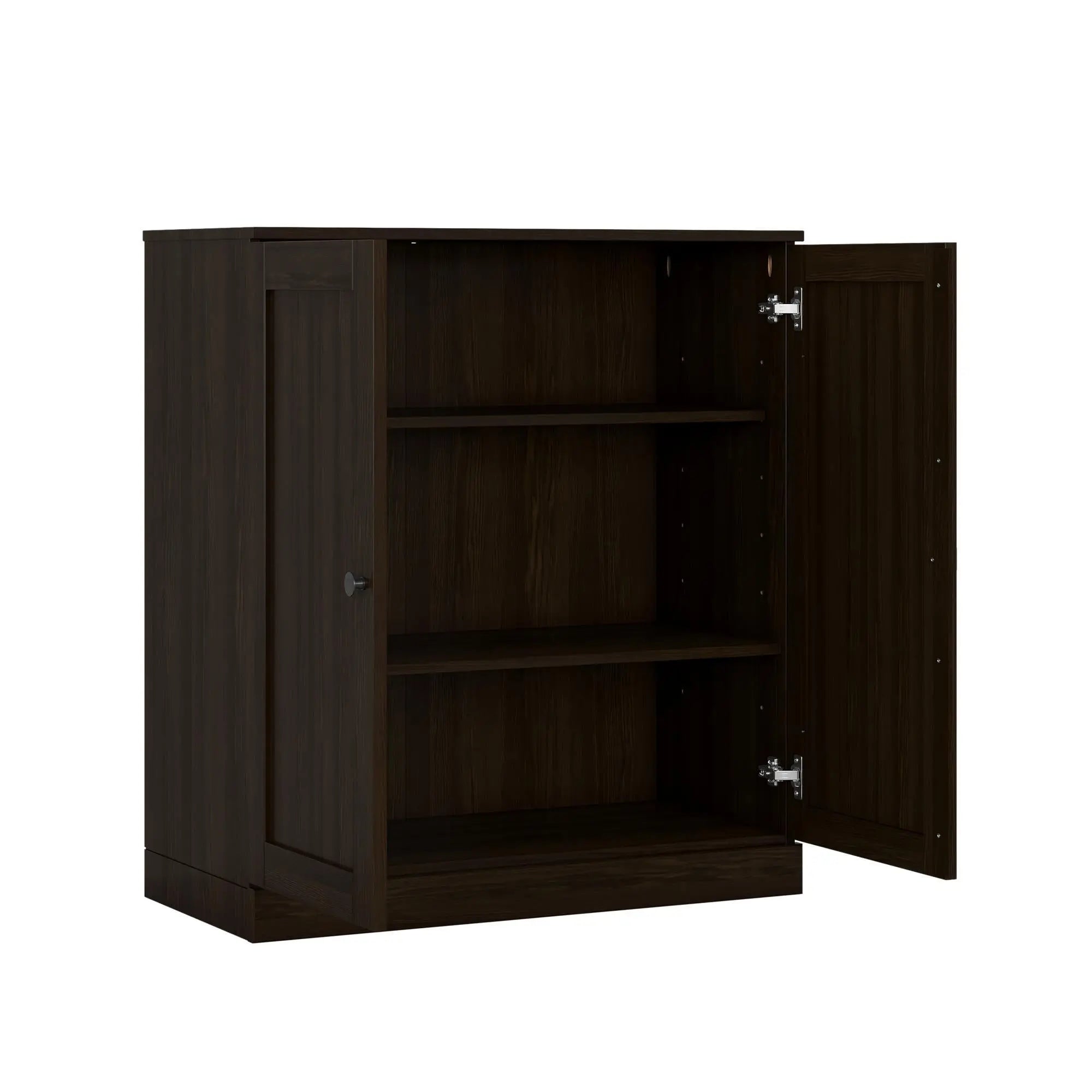 36" Espresso Solid Wood Adjustable Three Tier Library Bookcase with Two Doors Homeroots Office