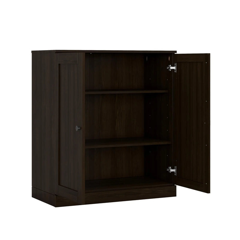 36" Espresso Solid Wood Adjustable Three Tier Library Bookcase with Two Doors Homeroots Office